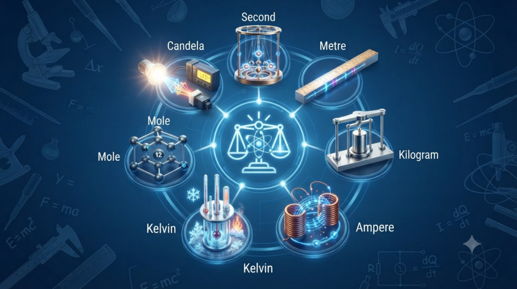 Seven SI base units used as the foundation of scientific measurement including second metre kilogram ampere kelvin mole and candela