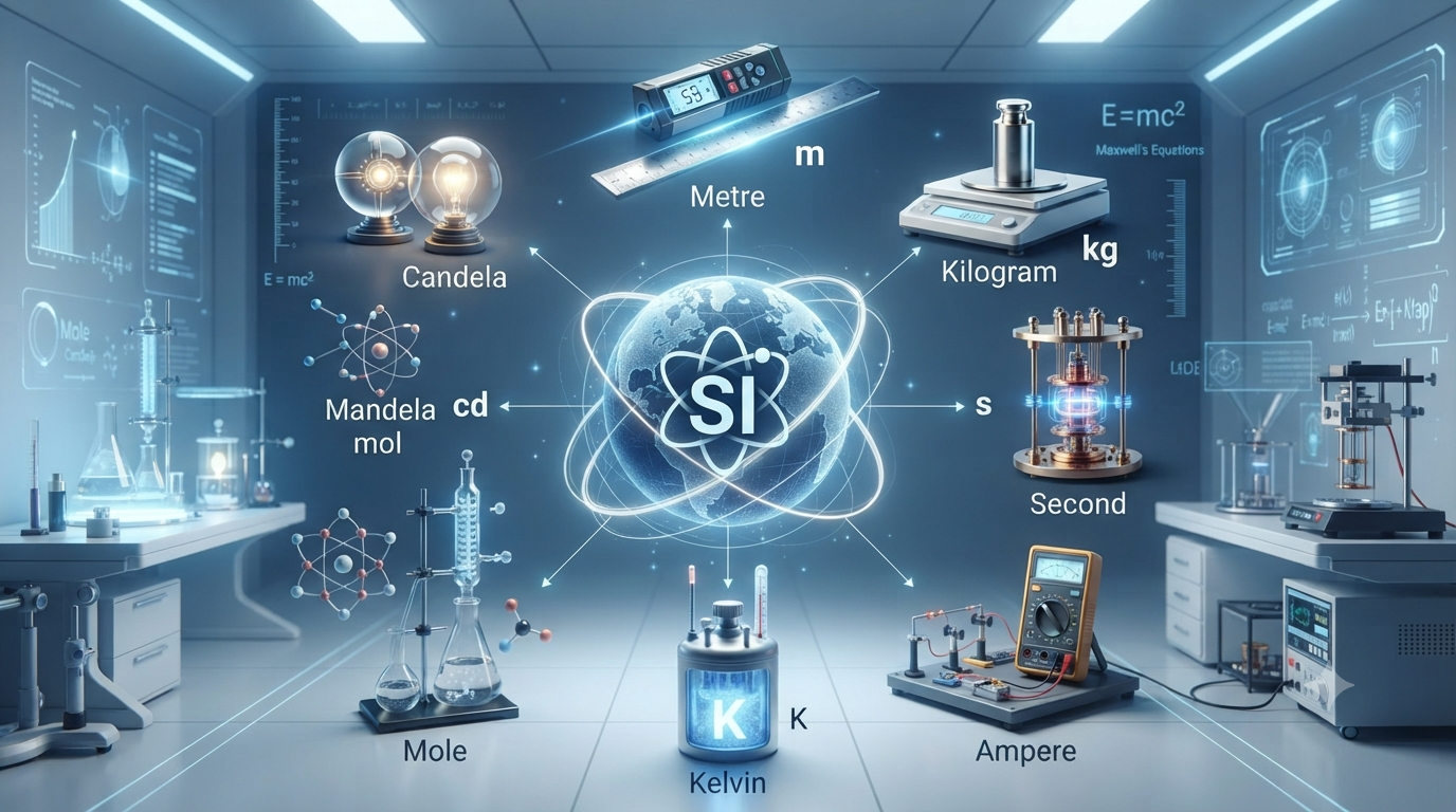 Seven SI base units including metre, kilogram, second, ampere, kelvin, mole, and candela