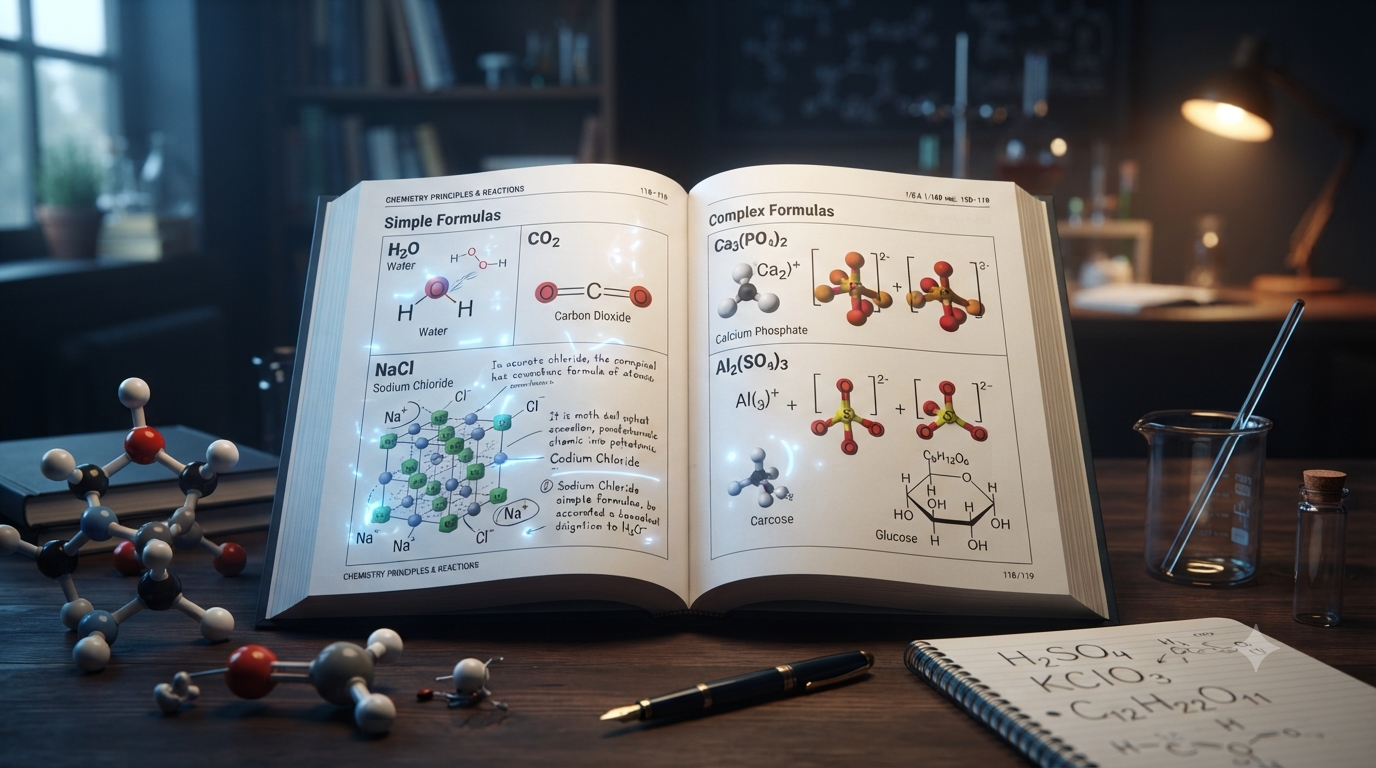 Comparison of simple and complex chemical formulas showing atoms, molecular structures, subscripts, brackets, and chemical compounds.