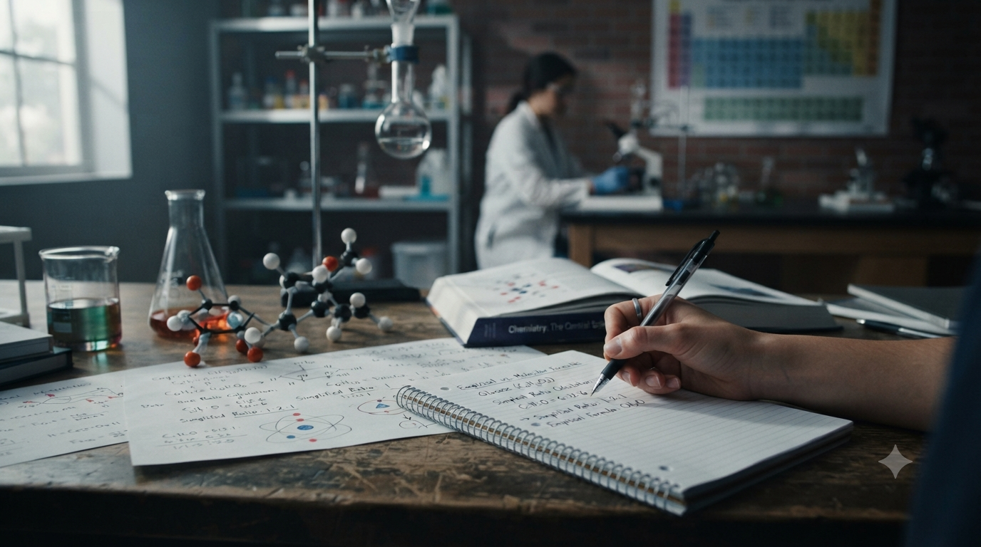 Chemistry study scene showing chemical formula ratios, molecular diagrams, and simplified empirical formulas