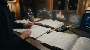 Physics study desk with formulas, equations, diagrams, units, and problem-solving notes for learning physics step by step