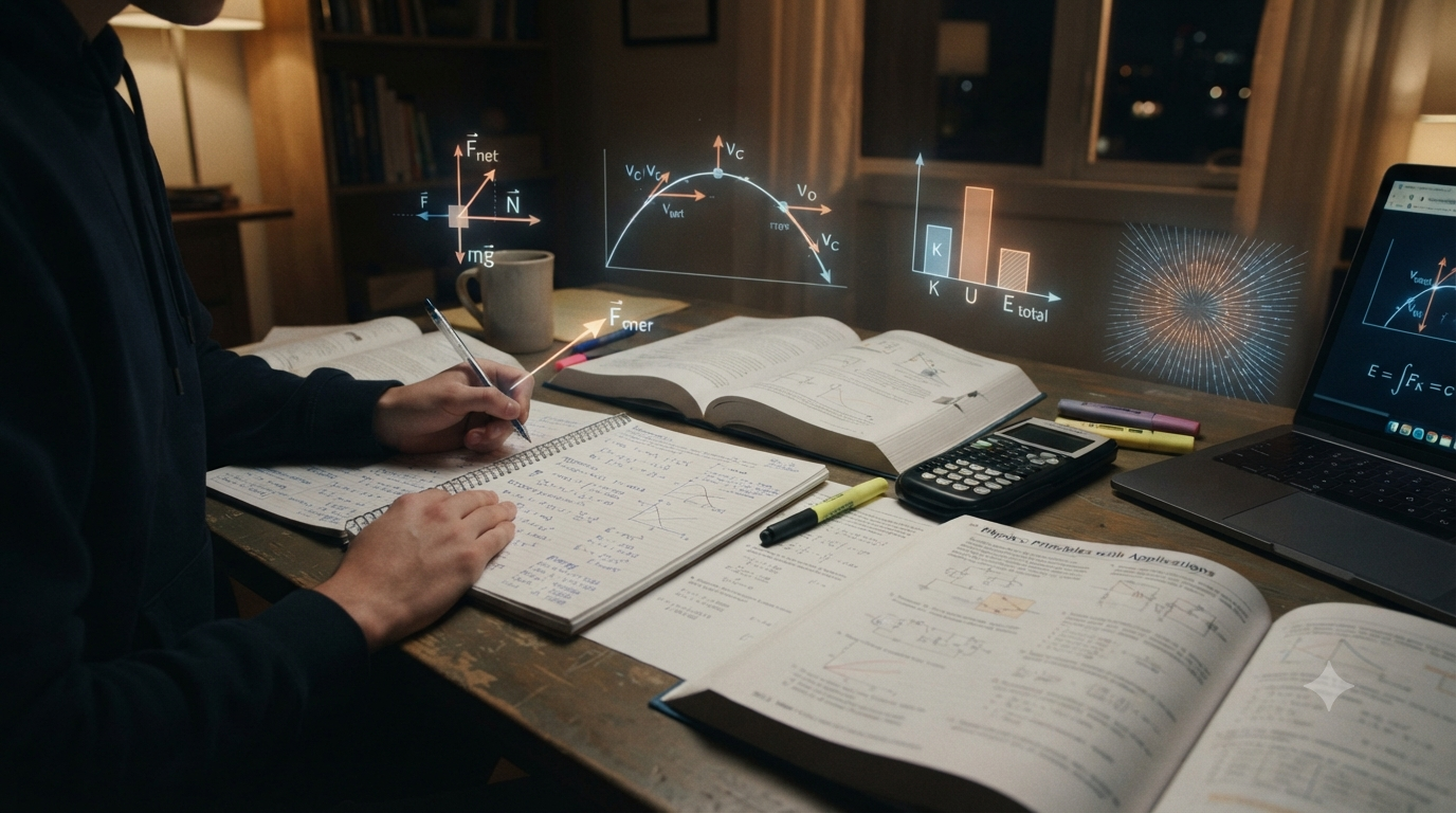 Physics study desk with formulas, equations, diagrams, units, and problem-solving notes for learning physics step by step
