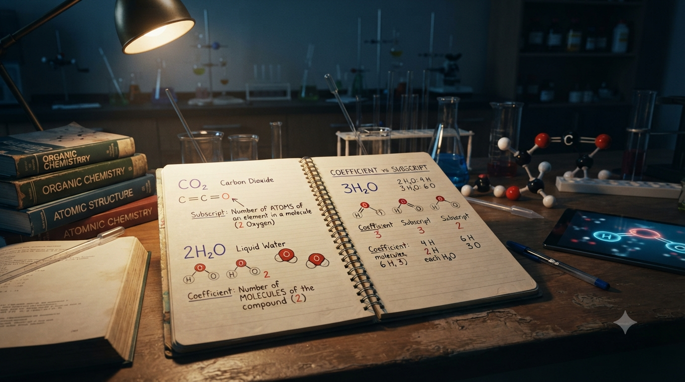 A chemistry study scene explaining the difference between a subscript and coefficient using formulas such as H₂O, CO₂, and 3H₂O.