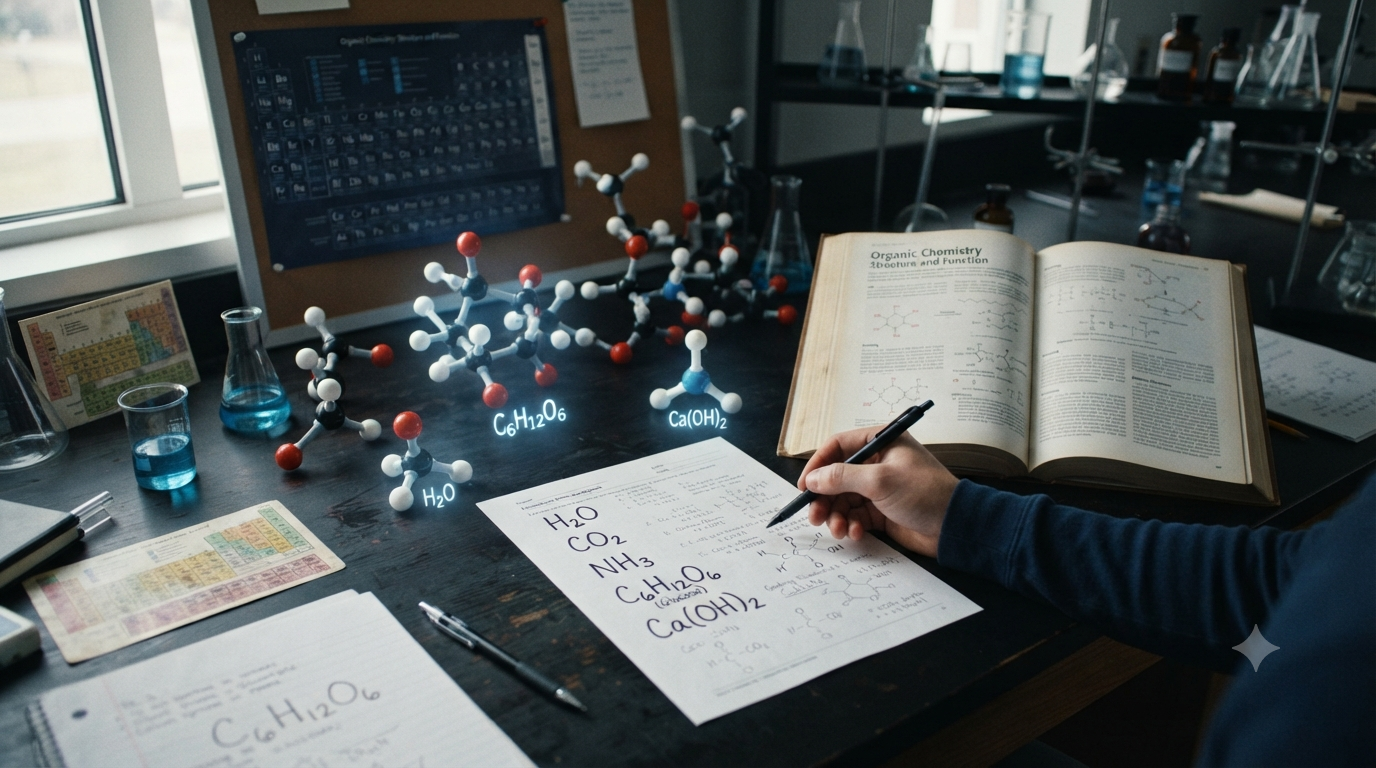 Chemical formulas showing subscripts used to represent the number of atoms in compounds such as H₂O, CO₂, NH₃, and Ca(OH)₂