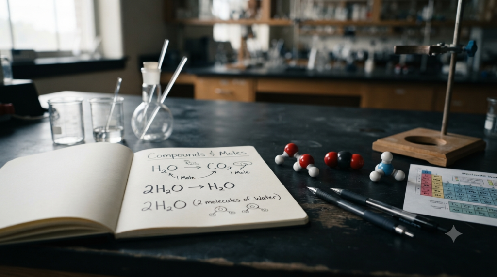 Chemistry formulas showing the difference between subscripts and coefficients in H₂O, CO₂, and NH₃