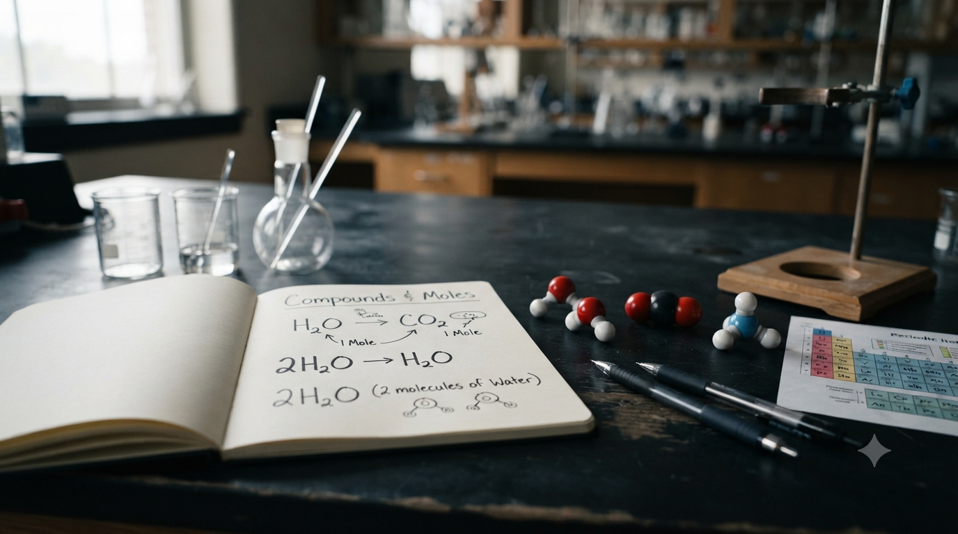 Chemistry formulas showing the difference between subscripts and coefficients in H₂O, CO₂, and NH₃