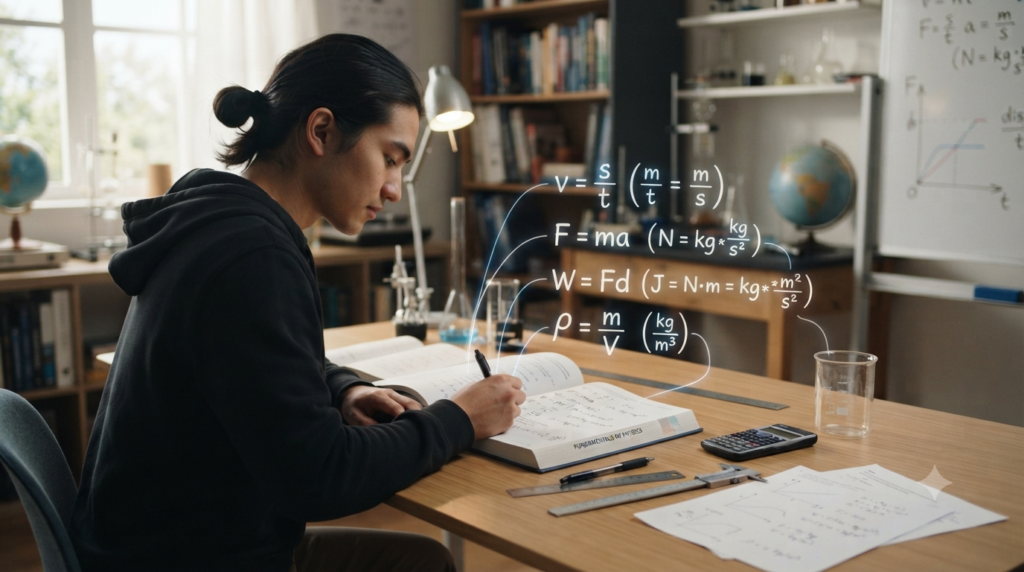 Physics formulas with SI units such as metres, kilograms, seconds, newtons, and joules