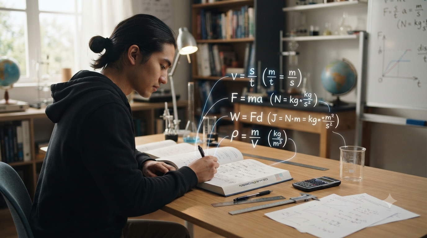 Physics formulas with SI units such as metres, kilograms, seconds, newtons, and joules