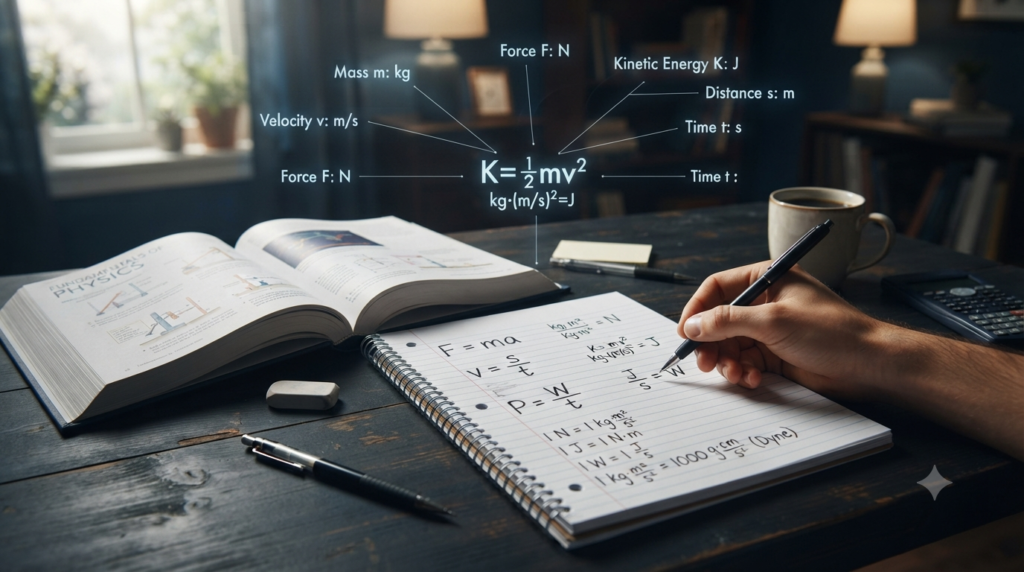 Physics formulas with SI units including kilograms, metres, seconds, newtons, and joules on a study desk