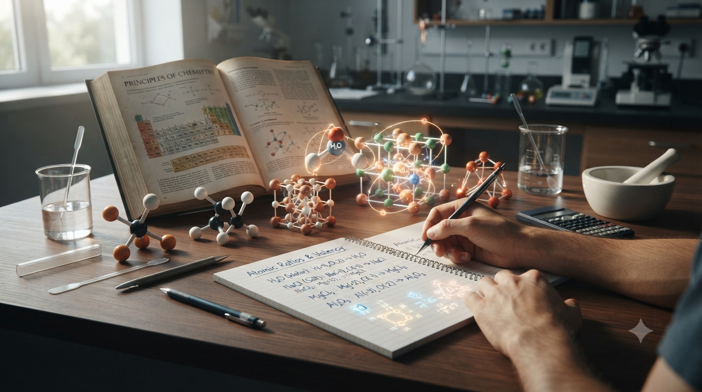 Chemistry study scene showing valency, element symbols, molecular models, and chemical formulas used to understand atom ratios