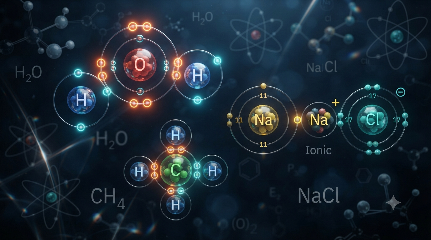 Diagram showing valency in chemistry with atoms, valence electrons, and chemical bonds forming simple molecules.
