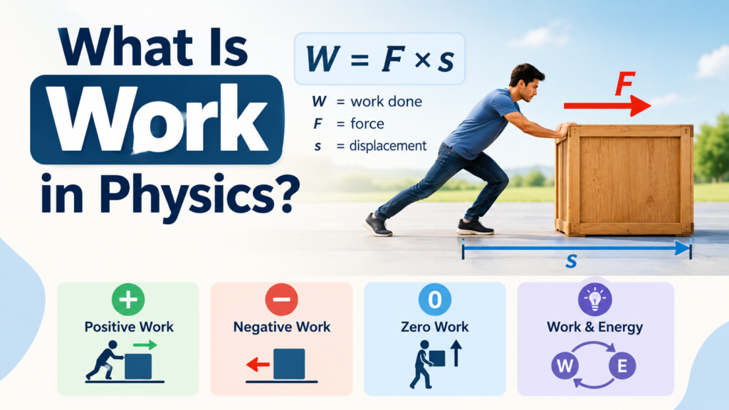 Educational infographic explaining work in physics with the work formula, force, displacement, and examples of positive, negative, and zero work.