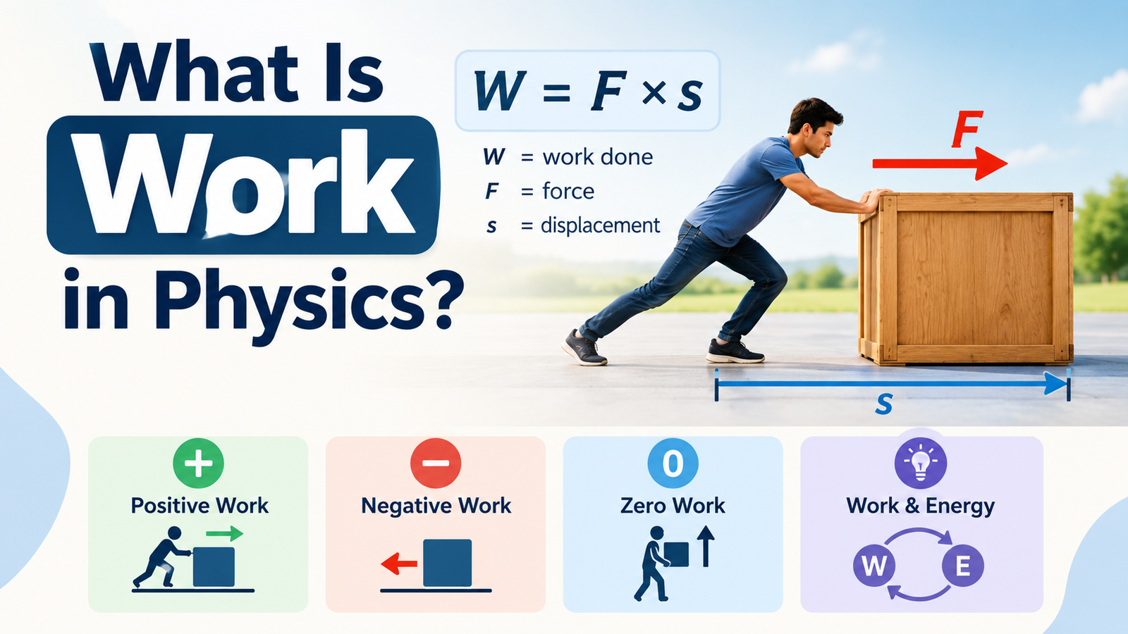 Educational infographic explaining work in physics with the work formula, force, displacement, and examples of positive, negative, and zero work.