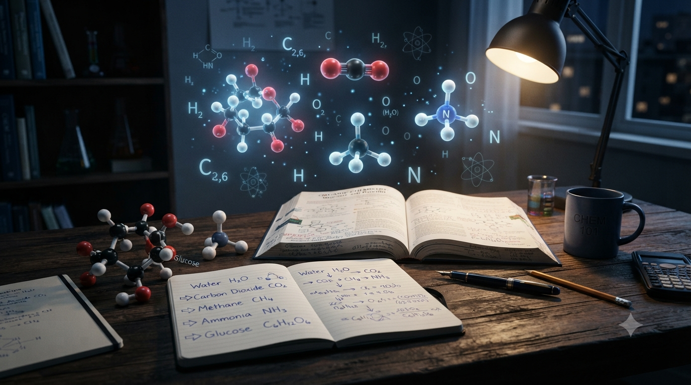 Chemistry study scene showing molecular formulas H₂O, CO₂, CH₄ and molecular structures