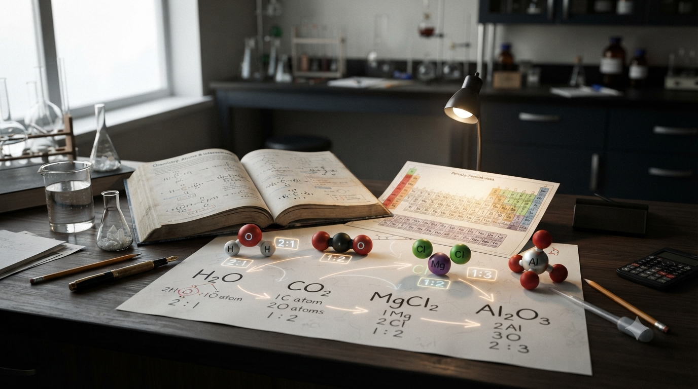 Whole number ratios in chemical formulas showing atoms, molecular structures, and examples such as H₂O, CO₂, MgCl₂, and Al₂O₃.