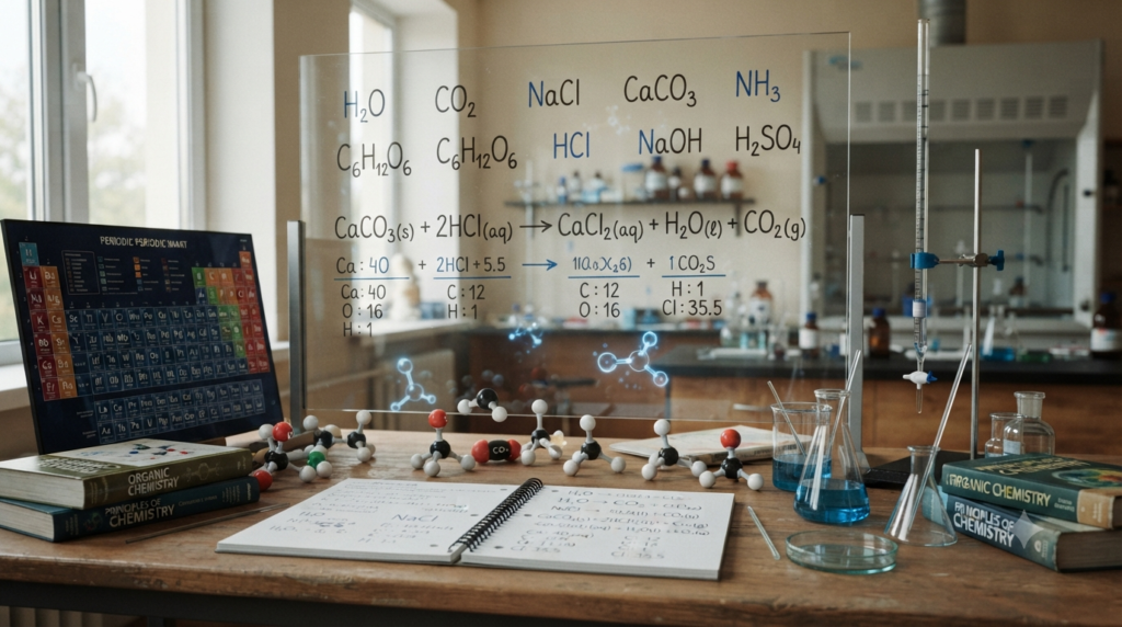 Chemical formulas such as H₂O, CO₂, NaCl, and CaCO₃ showing how formulas represent chemical substances and their composition.