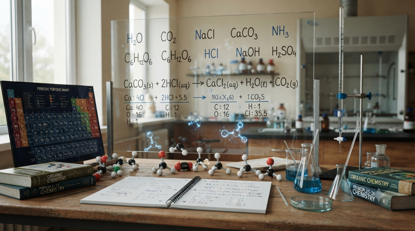 Chemical formulas such as H₂O, CO₂, NaCl, and CaCO₃ showing how formulas represent chemical substances and their composition.