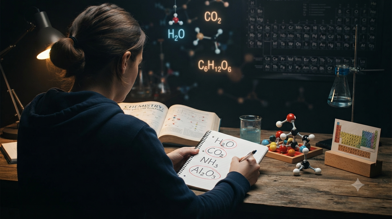 Chemistry formulas showing whole number subscripts in H₂O, CO₂, NH₃, and Al₂O₃ with molecular models and periodic table.