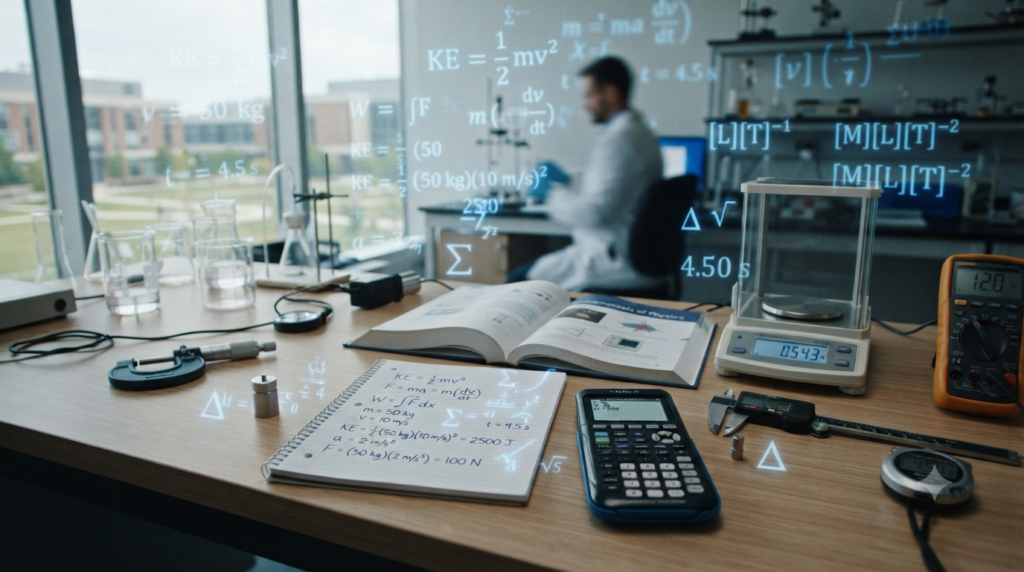 Physics calculations showing measurement units such as metres, kilograms, seconds, newtons, joules, and metres per second