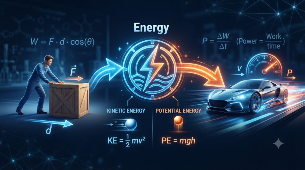 Physics illustration explaining the relationship between work, energy and power through motion, force and energy transfer