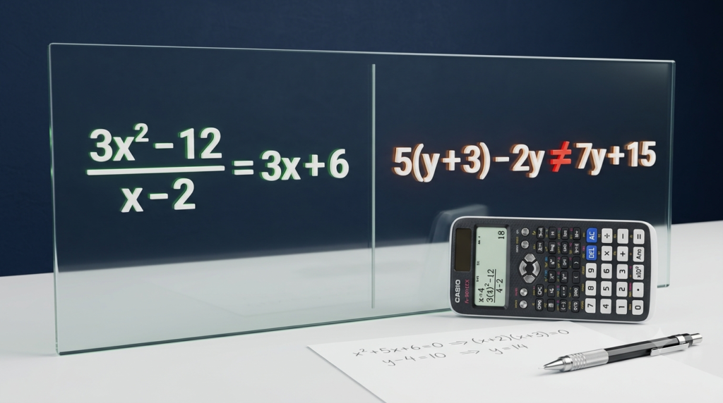 3D illustration of an equation result checker with a calculator and mathematical equations