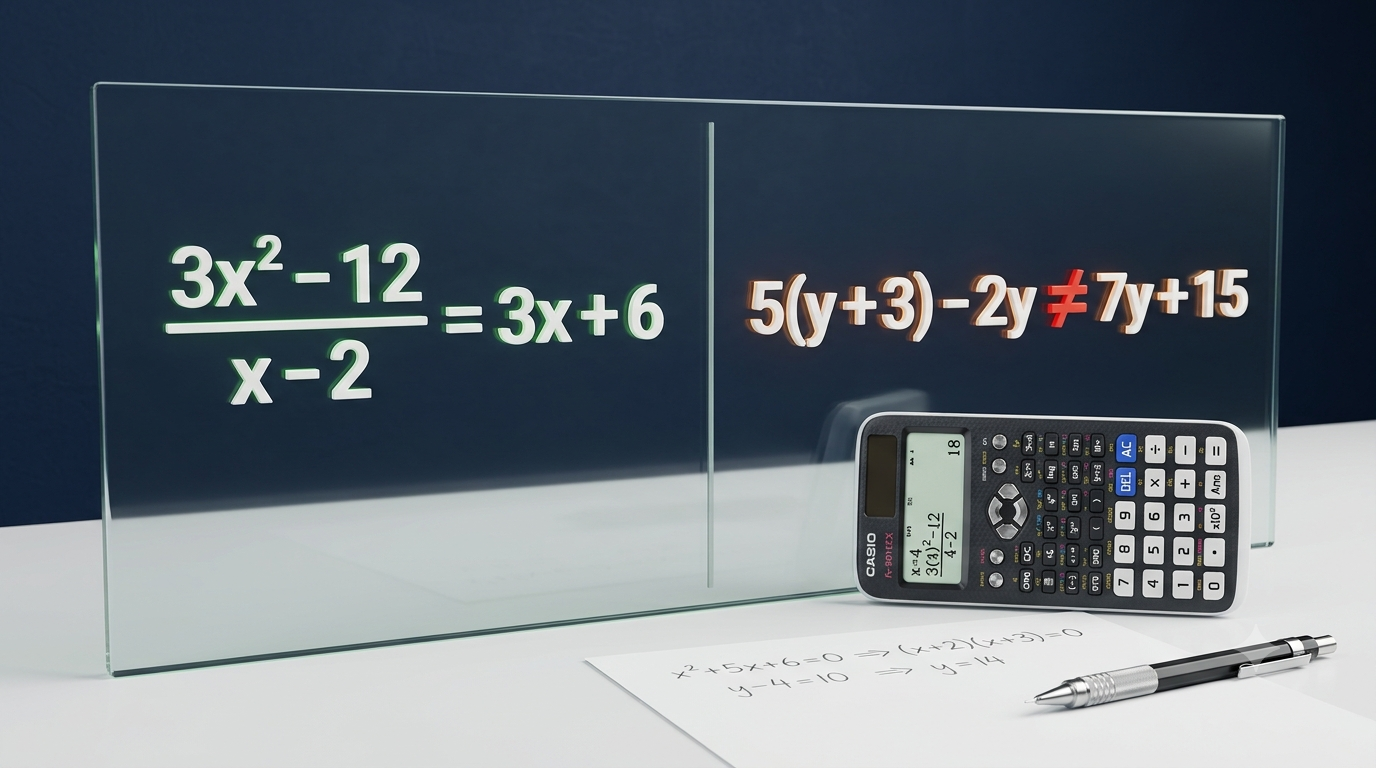 3D illustration of an equation result checker with a calculator and mathematical equations