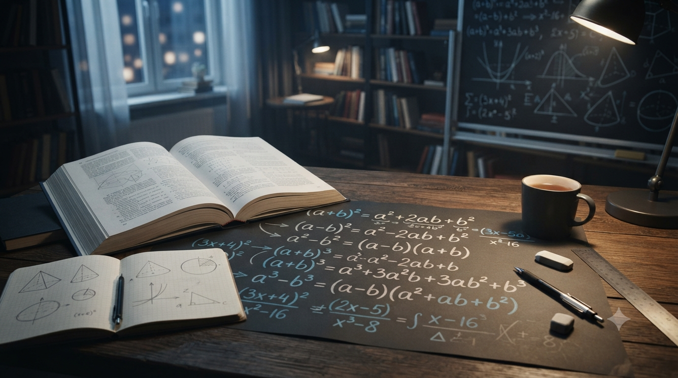 Algebraic identities and standard formulas shown with squares, cubes, and factorization expressions