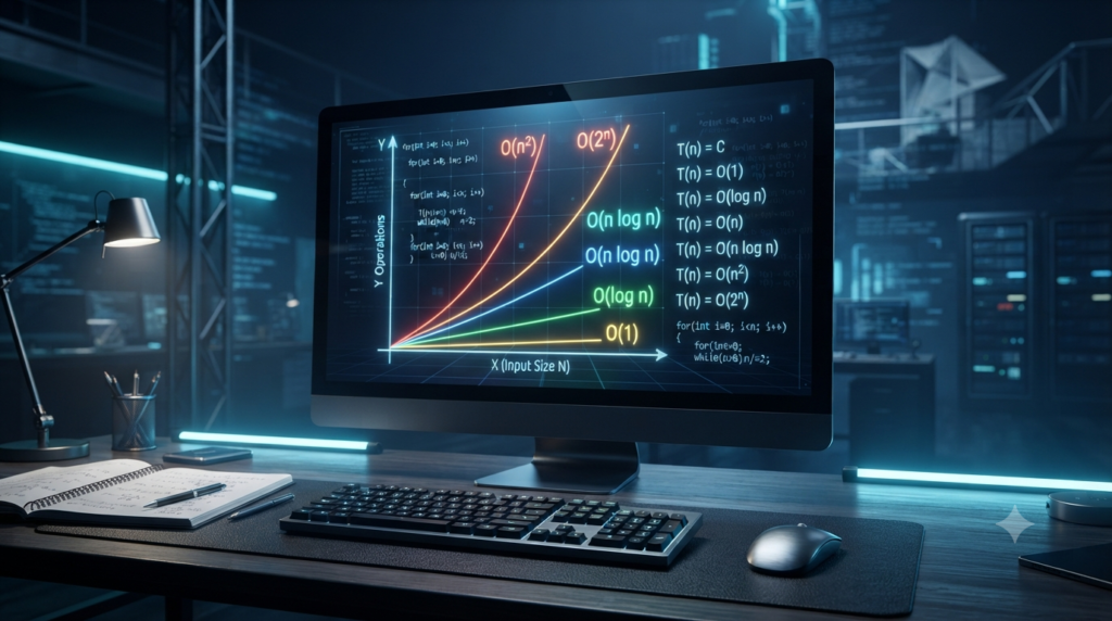 3D visualization of algorithm growth rate curves including constant, logarithmic, linear, quadratic, and exponential complexity.