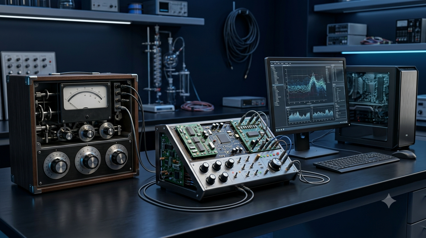 Realistic 3D illustration comparing an analog computing instrument, a digital desktop computer, and a hybrid computer.