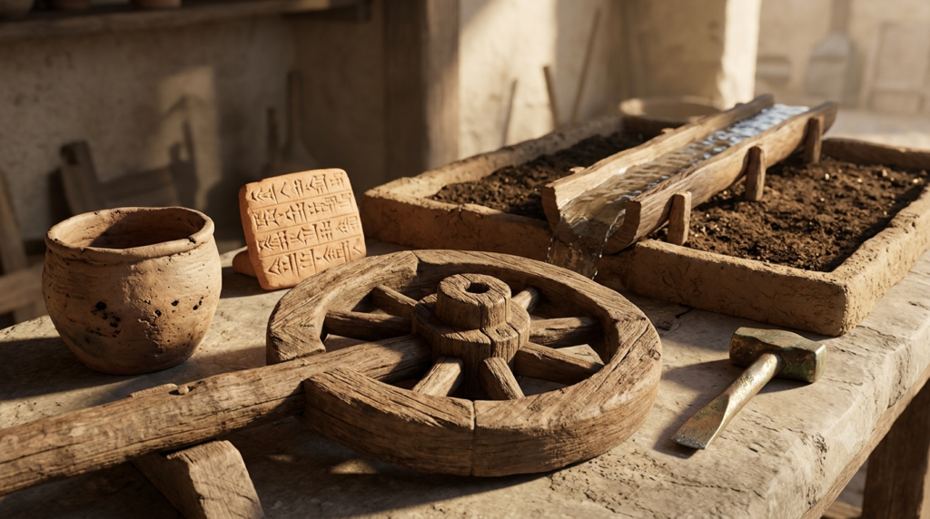 Realistic 3D illustration of ancient inventions including a wooden wheel, clay pottery, cuneiform tablet, bronze tool, and irrigation channel.