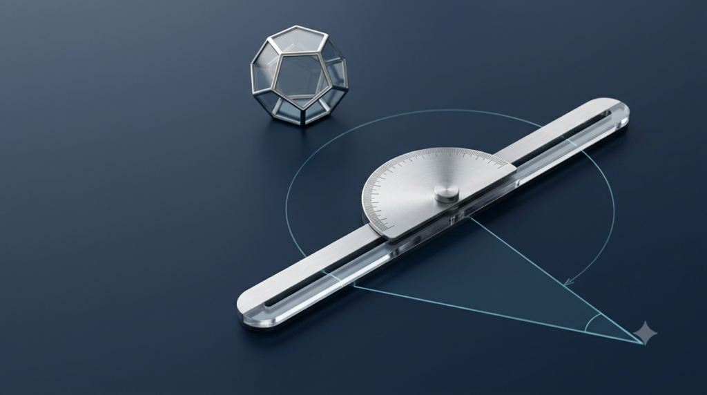 Realistic 3D protractor and geometric triangle illustrating angle measurement and calculation.