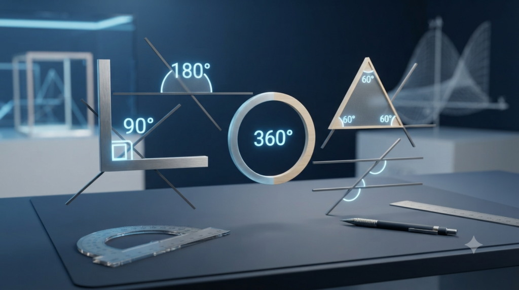 3D illustration of angle formulas and basic angle relationships in geometry