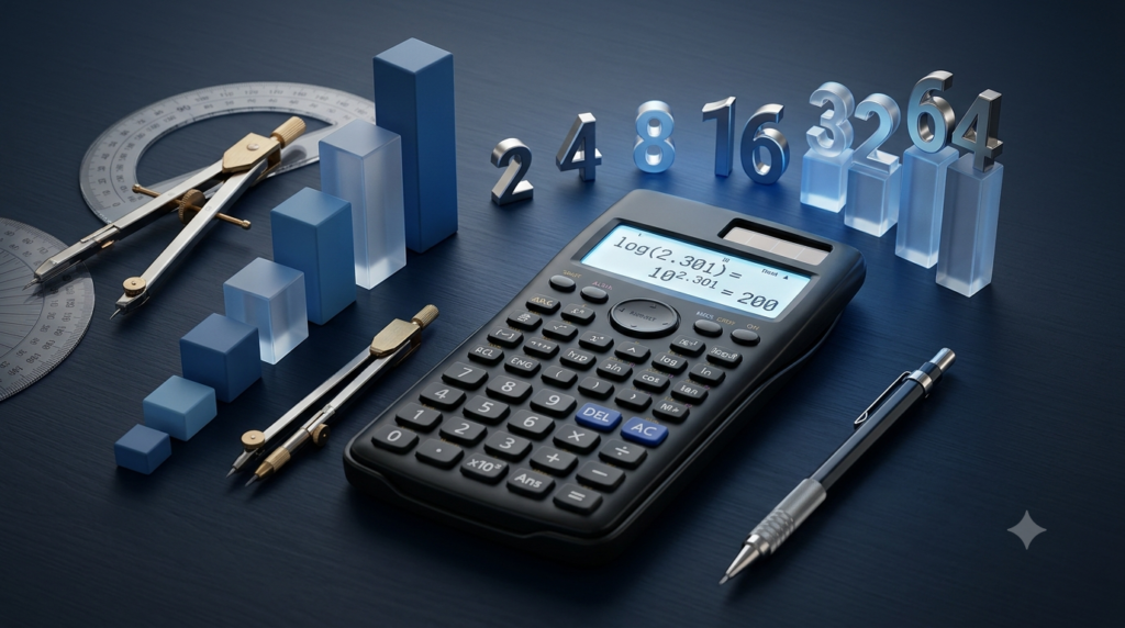 Realistic 3D scientific calculator illustrating antilogarithm calculations and exponential mathematics.
