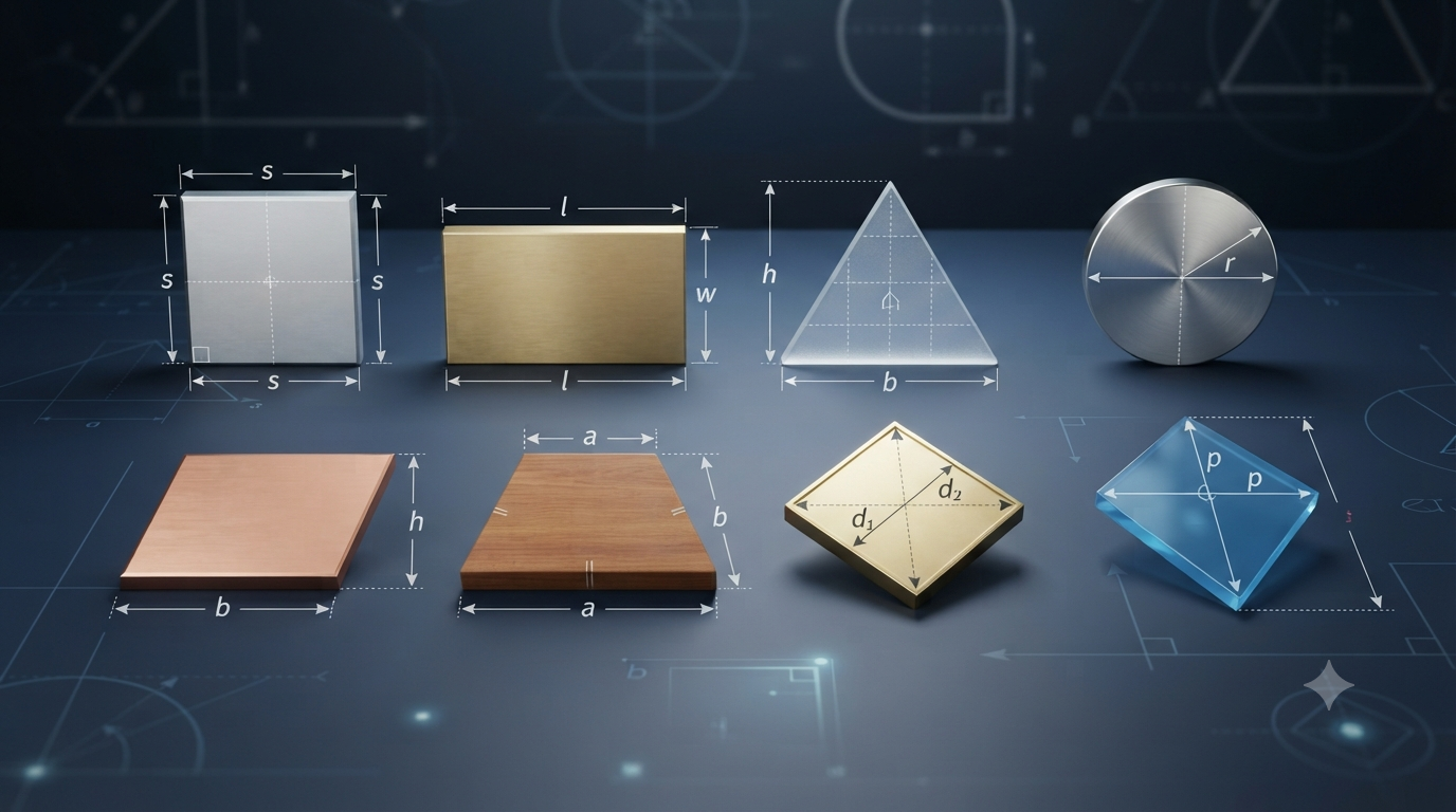 Realistic 3D illustration of common two-dimensional shapes used for area formulas