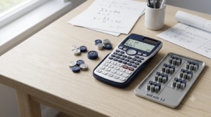 Realistic 3D calculator representing arithmetic mean and average calculations.