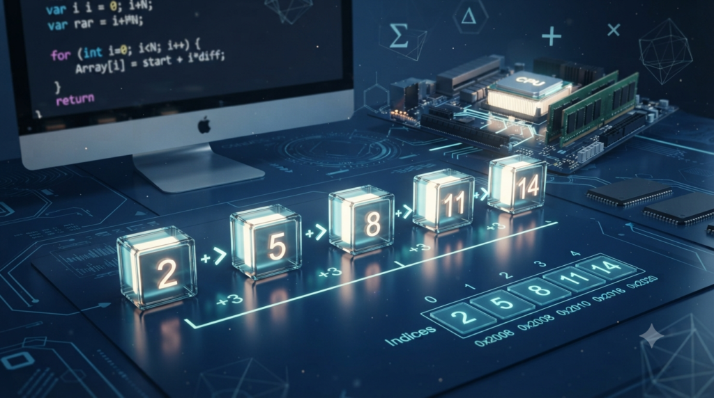 Realistic 3D illustration of arithmetic sequences and their applications in computer science