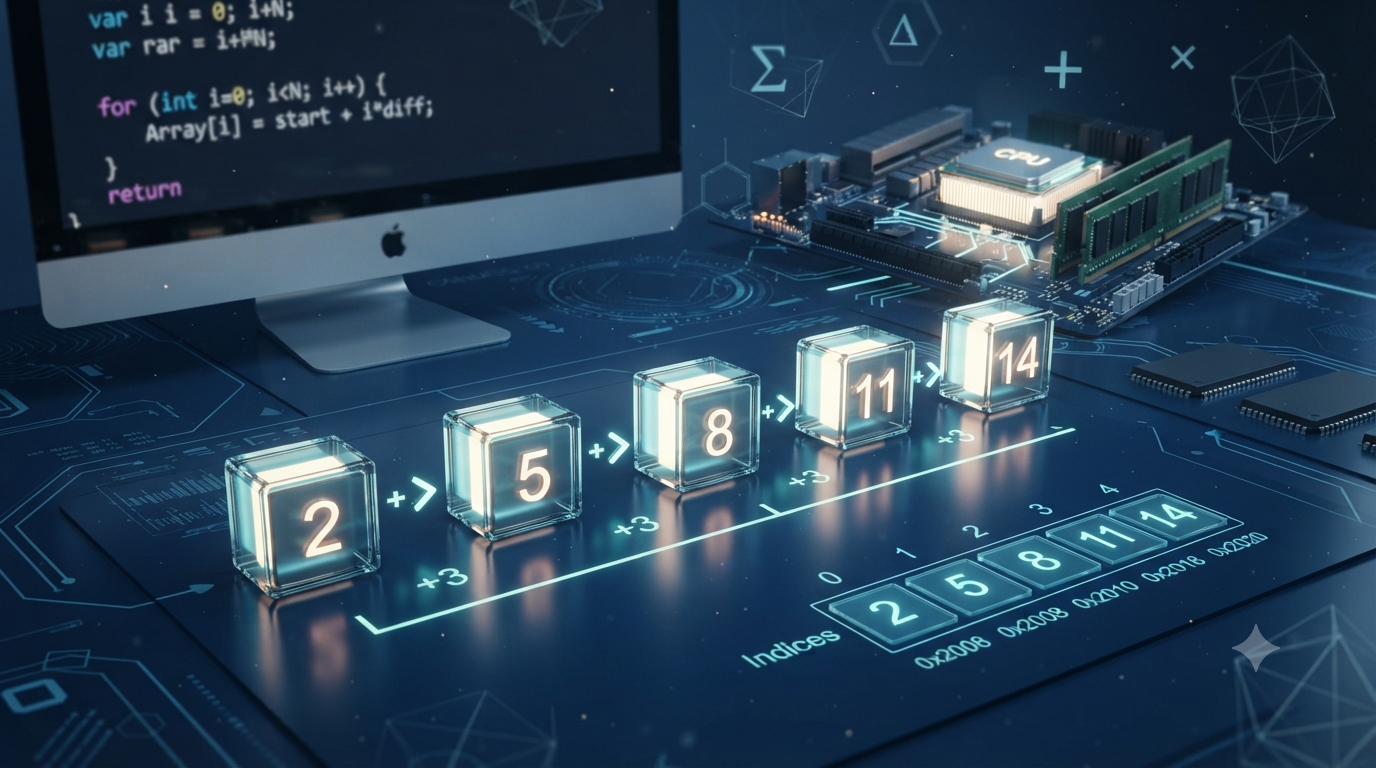 Realistic 3D illustration of arithmetic sequences and their applications in computer science