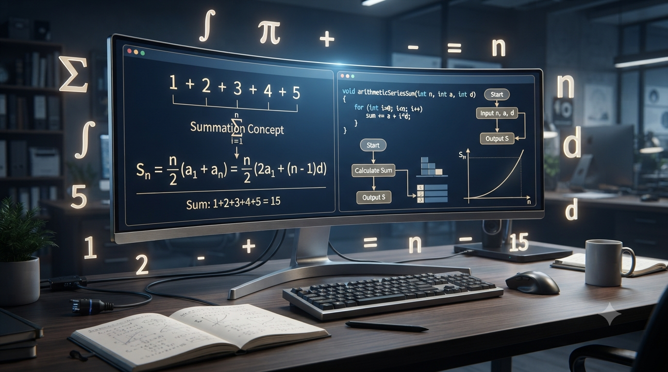 Realistic 3D illustration of arithmetic series formula and computing applications