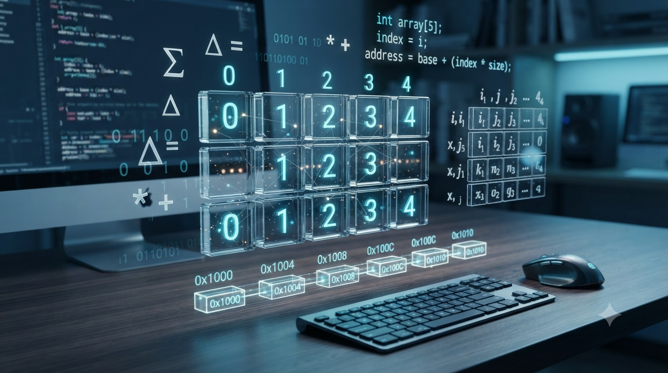 3D illustration of array indexing, numbered elements, matrix positions, and memory address calculations in computer science.