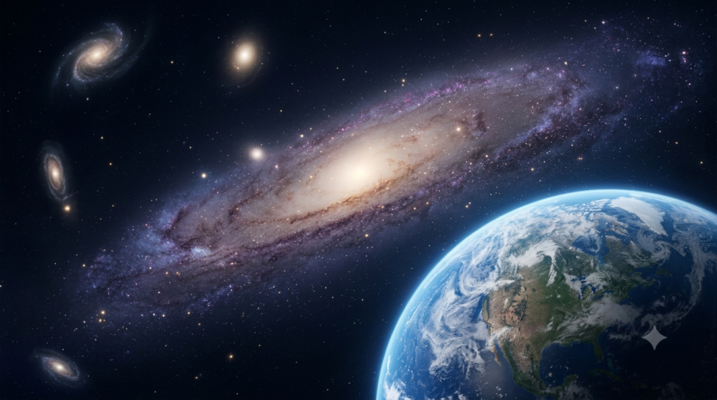 Earth, the Milky Way galaxy, and distant galaxies illustrating our place in the universe.