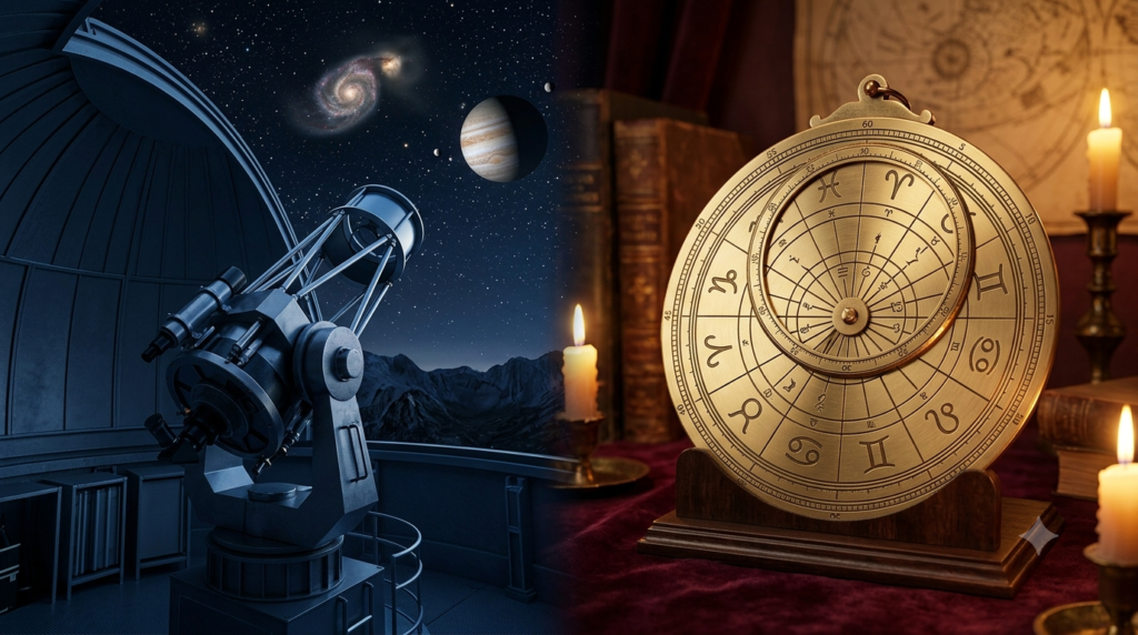 Realistic 3D illustration comparing a scientific astronomical telescope and a traditional astrological zodiac chart.