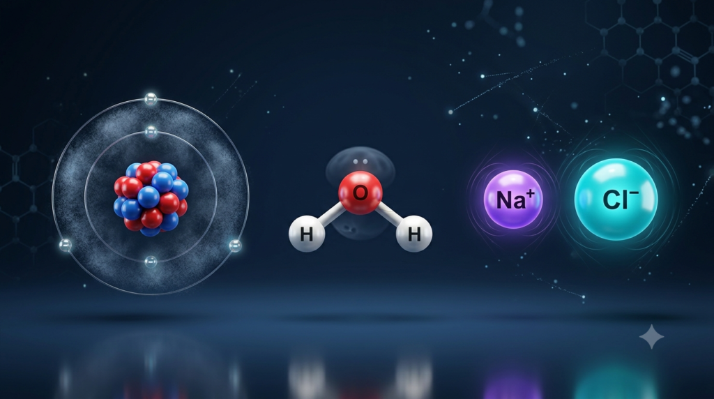 3D models of an atom, a water molecule, and positively and negatively charged ions.