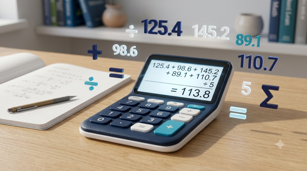 Realistic 3D illustration of a calculator with mathematical numbers representing average calculation.
