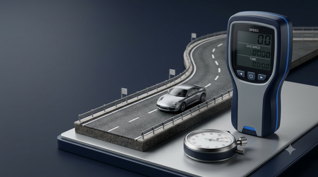 3D illustration of a car, highway, stopwatch, and digital speed device representing an average speed calculator.