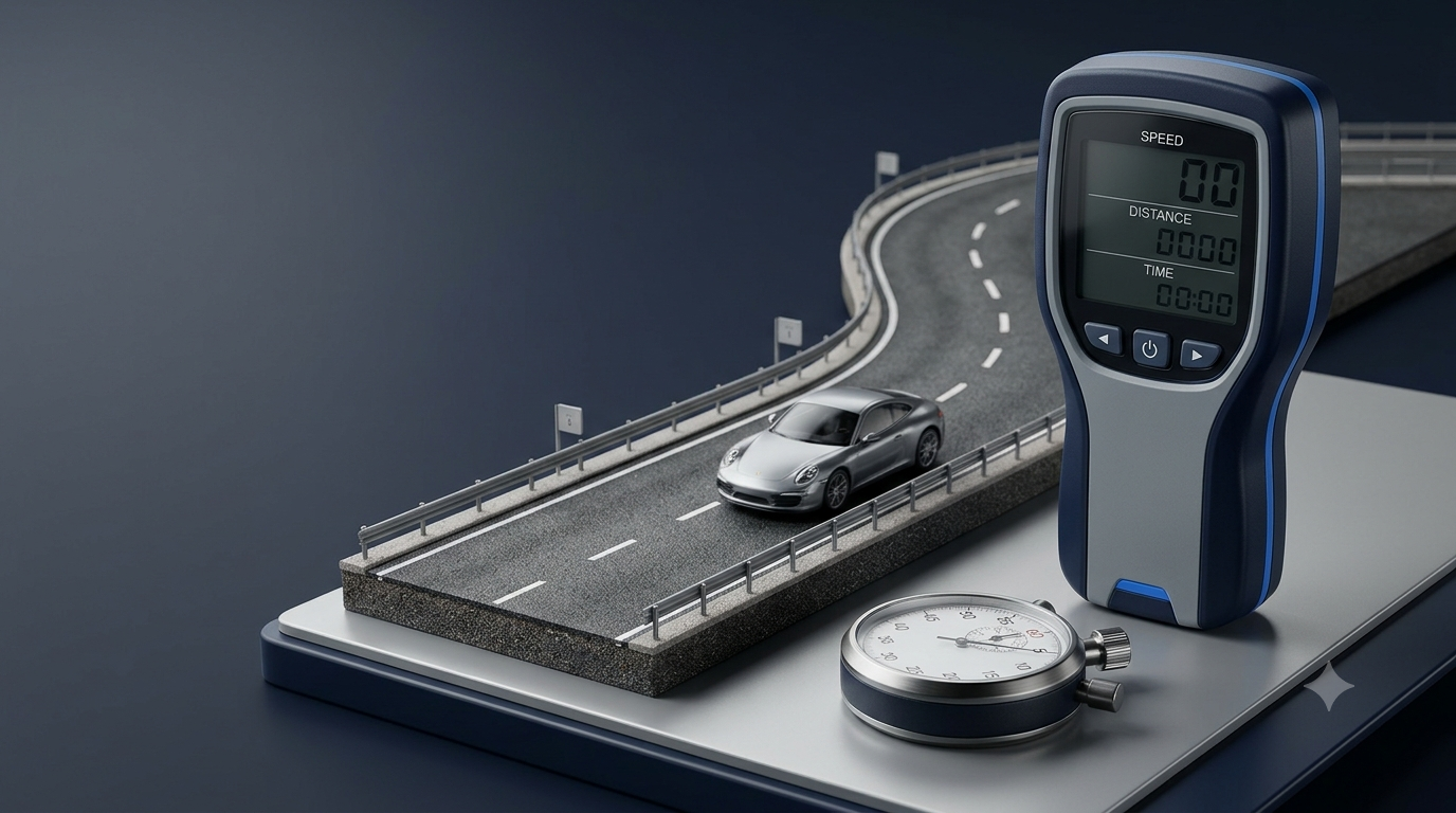 3D illustration of a car, highway, stopwatch, and digital speed device representing an average speed calculator.