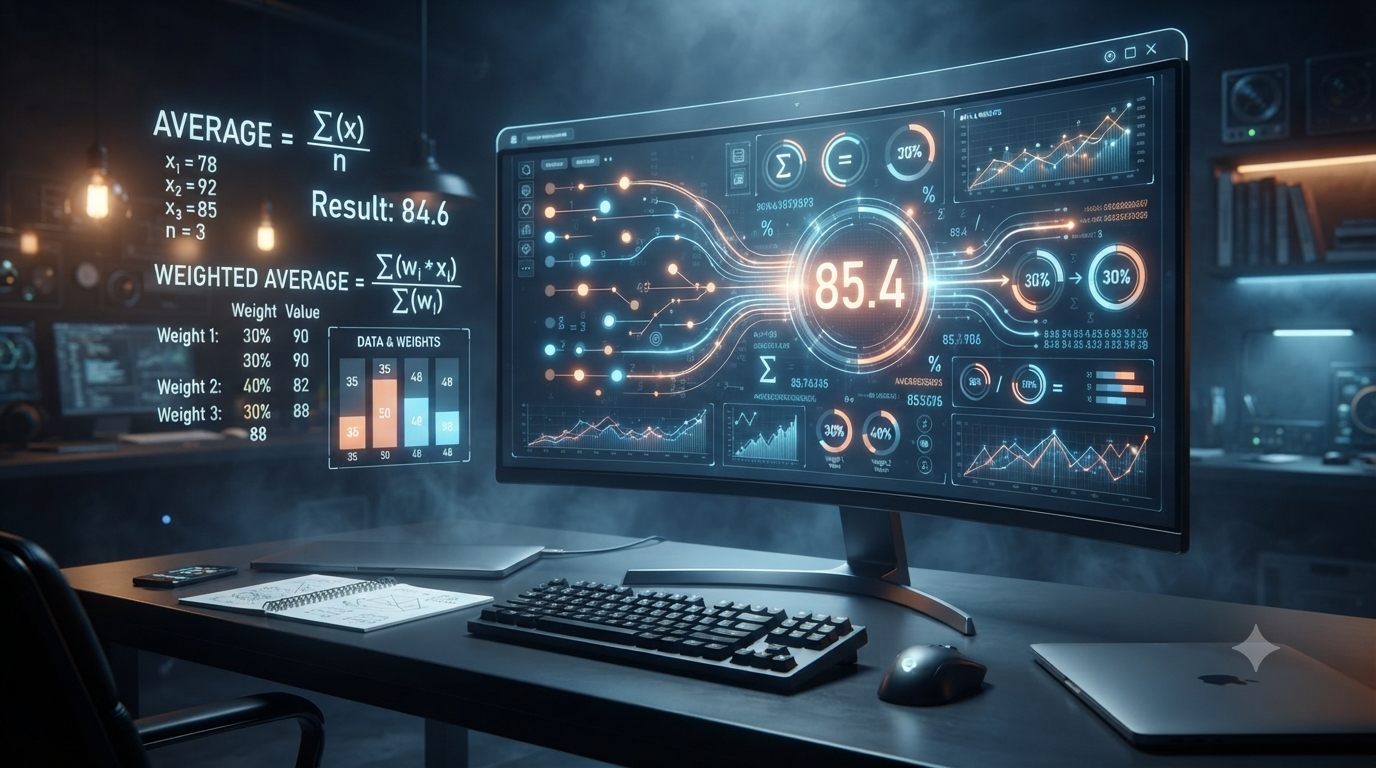 3D visualization of average and weighted average formulas used in computing and data analysis