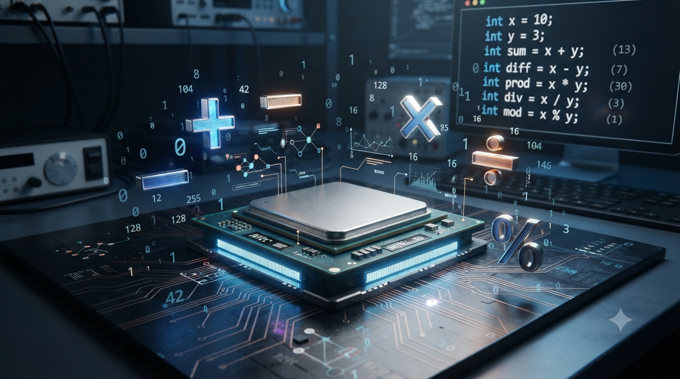 3D illustration of basic arithmetic operations used in computer science