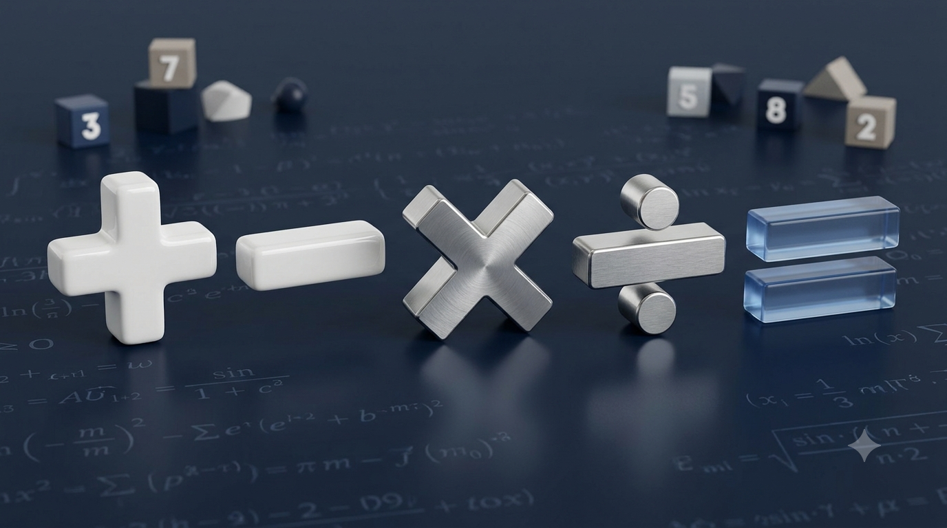 3D illustration of basic arithmetic symbols including plus, minus, multiplication, division, and equals signs