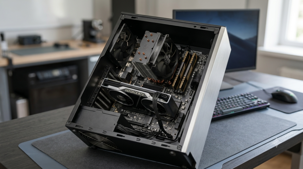3D view of computer components including motherboard, CPU, RAM, graphics card, storage drive, monitor, keyboard, and mouse.