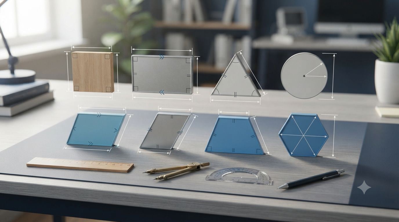 Realistic 3D plane figures showing basic geometry formulas and shapes